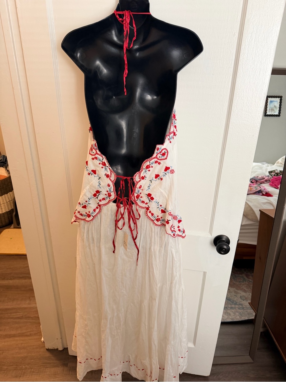 NWT retails 249, Free People White Midi Dress with Red Embroidered Bodice - Picture 10 of 14